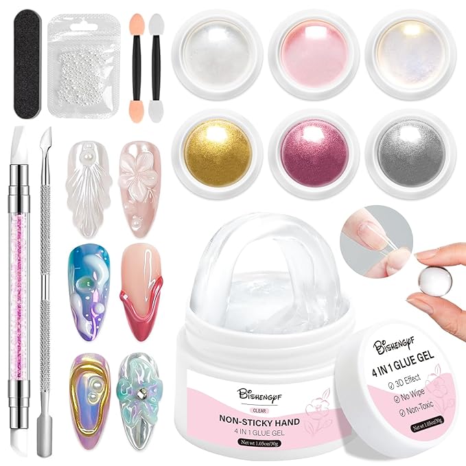 Solid Builder Gel for Nails BISHENGYF: Clear Non-Sticky Sculpting Gel 15g 3D Nail Art with Pearl White Gold Silver Aurora Metallic Chrome Nail Powder for Home DIY Manicure