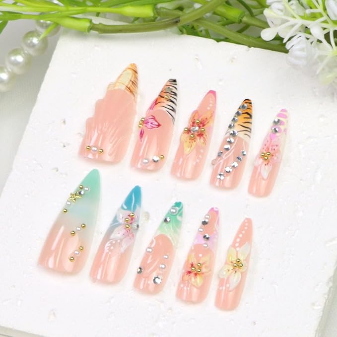 Flower Press on Nails Long Stiletto Fake Nails Press ons with Flower Rhinestone Leopard Print French Designs Acrylic Blue Pink French Glue on Nails for Women 24 Pcs