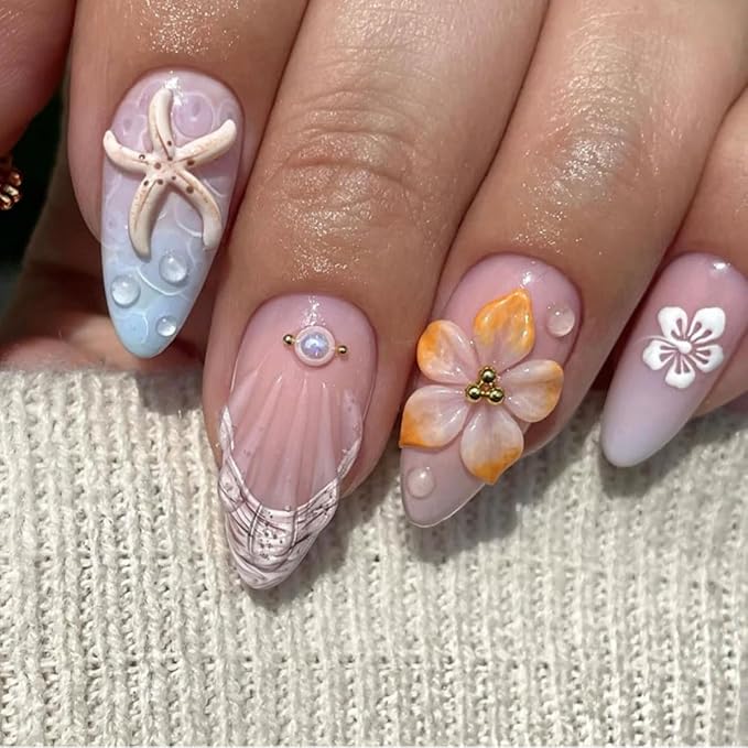 Summer Beach Press on Nails Medium Fake Nails Almond Nails Press ons with Flower Starfish Charms Design,Reusable & Easy Apply Full Cover Stick on Nails for Women Vacation Manicure 24Pcs