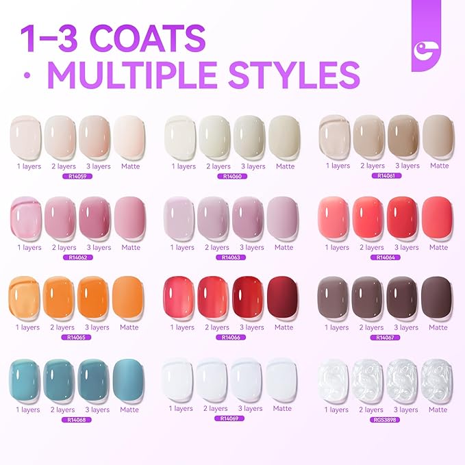 Gelike EC Jelly Color Gel polish: 12 Nail Gel Colors Set with Hema Free Formula Easy to Use On Natural or Acrylic Nails for Teens and Young Women Manicure DIY Home - Valentine & New Year Gift