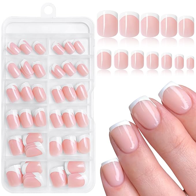 120PC White French Tip Press on Nails Short Fake Nails Press ons with 5*Adhesive Tabs, Pink Square Acrylic Nail Press on Nail French Tip Nails False Artificial Fingernails Stick on Nails-M