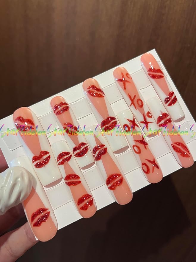 HAND-PAINTED White Press Ons Neon Small Press on Nails Long French Press on Nails Coffin Medium Short Nail art Fake Nail Art Kit with 7g Glue on Nails Handmade Almond Square Nails (Small, J16)