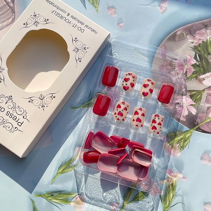 24Pcs Valentines Day Red Heart Press on Nails Short Square Fake Nails with Rhinestones Glossy Designs Artificial Valentines Nails Decoration Full Cover Glue on Nails for Women Acrylic Manicure Salon