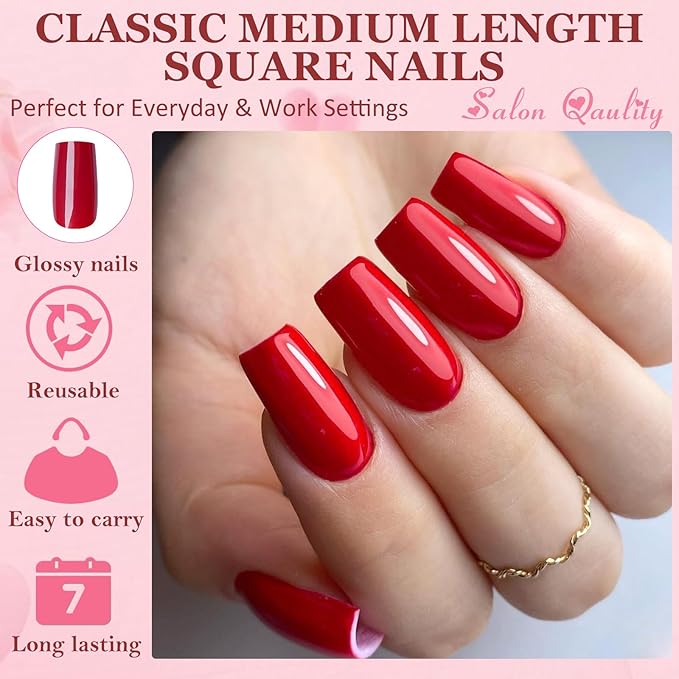 AddFavor Square Press on Nails, 576pcs Medium Square Fake Nails Full Cover Glossy Medium Nails Press on Acrylic False Nail Tips 24 Colors for Women