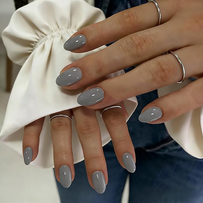 KQueenest Press On Nails Short - Stone Gray Press On Nails Oval, 32 Pcs 16 Sizes Natural Short Fake Nails Press ons Almond, Reusable Opaque Glossy Gel Glue on Nail with Glue for Everyday Office Wear