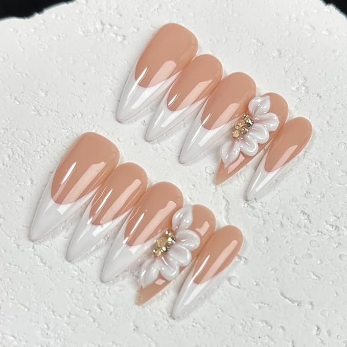 White French Press on Nails Long Stiletto False Nails with 3D Flower Designs Handmade Acrylic Fake Nails Muti-Layer Gel Glue on Full Cover Stick on Nails for Women（Size S)