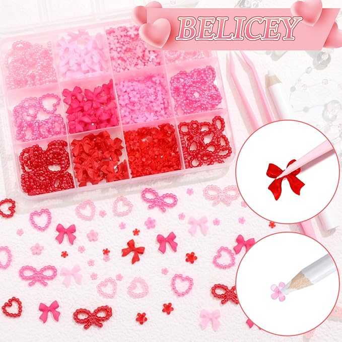 BELICEY Valentines Pink Red Heart Bows Nail Charms 3D Hearts Nail Art Charm Resin Flatback Bow Charms for Nails Cute Kawaii Flower for Women Manicure DIY Nails Art Design Accessories Crafts