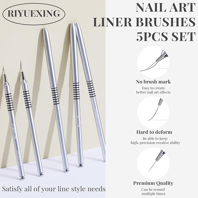 Nail Art Liner Brushes, 5Pcs, Size 5/8/11/15/20mm Nail Art Tools with Striping Nail Art Brushes for Long Lines, Thin Details, Fine Drawing. Striper Brushes Set Christmas Gift for Women