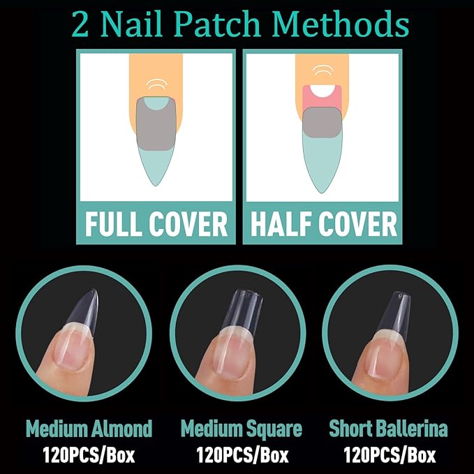 Soft Gel False Nail Tips 3 Styles Kit - Medium Almond, Square and Ballerina, 360PCS Pre-shaped Half Matte Full Cover Acrylic Nail Tips, Nail Extension DIY Manicure Salon Home, 12 Sizes,BlueZOO
