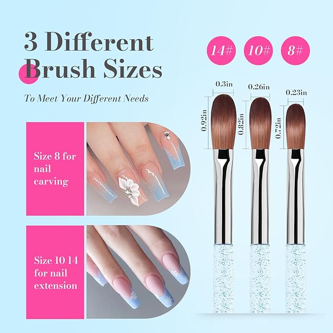 MelodySusie 3-Piece Acrylic Nail Brush Set - Sizes 8/10/14, Professional Brushes for Acrylic Application, Powder Nail Art, Extension & 3D Carving - DIY Home Salon Tool (Blue)