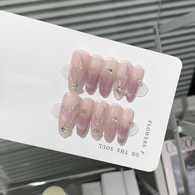 Gradient Purple Press on Nails Long Almond Cat Eye Mermaid Tail Designs Fake Nails Detachable Acrylic Shimmery Glitter False Nails with Tools Handmade Glossy Artificial Glue on Nails(L)