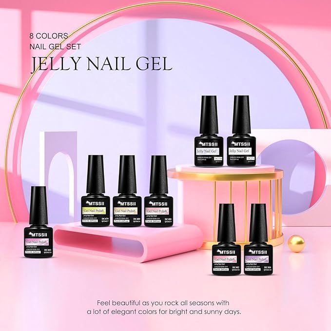 MTSSII Purple Grape Jelly Gel Nail Polish Set, 8 Transparent Colors Sheer Pastel Pink Violet Lavender Yellow Nail Polish Soak Off U v LED Gel Nail Kit Diy Nail Art Manicure at Home Gift for Women