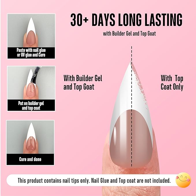 NOVO OVO Medium Long Sharp Stiletto Nail Tips (White French Tip) - Brown Pink Nude Soft Gel Press Ons, Pre-Designed Full Cover Fake Nails for Instant Salon Manicure, 16 Sizes (160 Pcs)