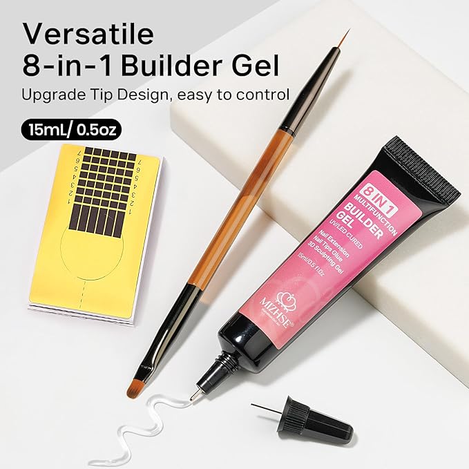 MIZHSE Builder Gel for Nails, 8-in-1 Clear Builder Strengthener Gel for Nail Thickening Tip Design Rhinestone Glue U V LED Extension Gels Kit for Home DIY Salon 15mL