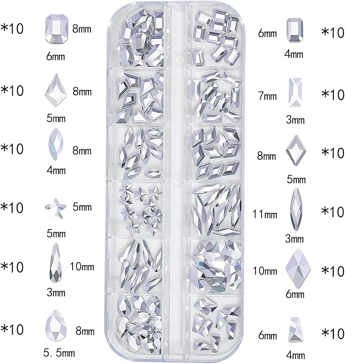 Nail Rhinestones - 3D Multi Shape Size, Flat Back, Manicure Rhinestones Charms, Crystal Silver Gems, with Kit, for Nail Art, Bedazzling Acrylic Nails, DIY Decor
