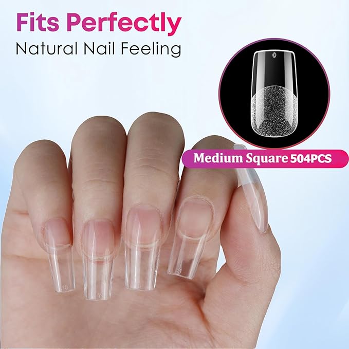 Medium Square Nail Tips, 504pcs Artificial Full Cover Square Nail Tips 12 Sizes Half Matte Clear Soft Pre-shaped Acrylic Gel Nails Tips for Nail Extensions Manicure Salon Home DIY