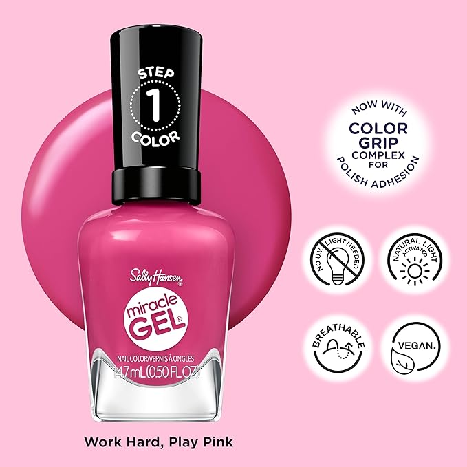 Sally Hansen Miracle Gel Supercharged Pinks Nail Polish | Salon Quality Gel-Like Formula, Two-Step System, No UV Light Needed, Long Lasting | 350 Work Hard, Play Pink | Bright Pink Crème Nail Color