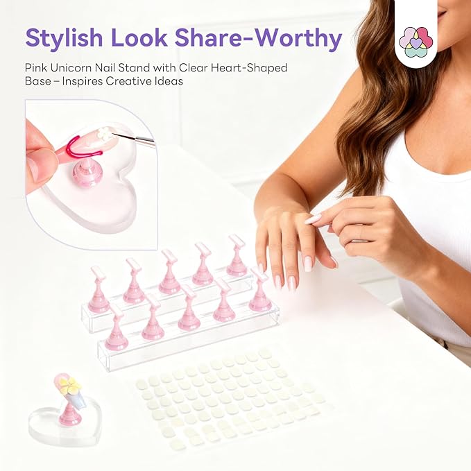 SAVILAND Nail Stand for Press On Nails: 1 Heart Shaped Acrylic Magnetic Nail Holder for Painting Nails 2 Sets Nail Stand False Nail Tips with 200 Double-Sided Tape Home DIY Nail Art Tool Beginner