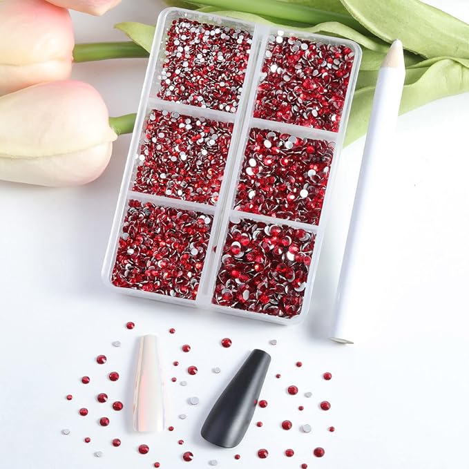 Beadsland 7200pcs Flatback Rhinestones,Red Rhinestone Nail Gems Round Crystal Rhinestones for Crafts,Mixed 6 Sizes with Wax Pencil Kit, SS3-SS10,Siam
