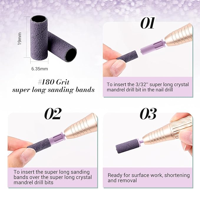 MelodySusie 50 Pcs Nail Drill Bits Super Long Sanding Bands with 6.65mm Crystal Mandrel Bit, 180 Fine Grit Nail File for Acrylic Nails Gel Manicures and Pedicure, Purple