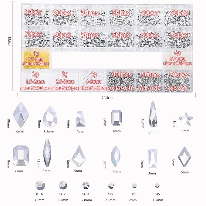 Nail Rhinestones Kit 9080PCS Flatback Rhinestones for Nail Crystals Decoration Nail Hearts Multi Shapes Mix Size and Metal Beads Pearl Gold Silver with Glue Gel and Pen Brush Tweezers(Mine Silver)