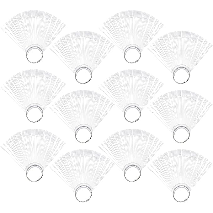 Hedume 12 Set Total 600 Tips Clear Nail Swatches Sticks with Metal Screw Split Ring Holder, Transparent Fan-shaped Nail Art Tips, Nail Art Supplies for Nail Art Polish Display and Home DIY