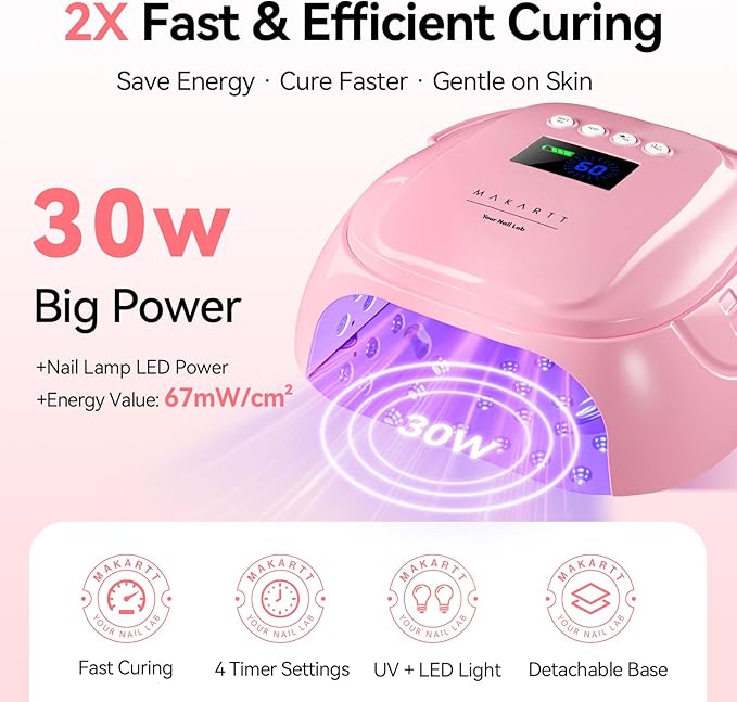 Makartt UV Nail Lamp – 30W Fast Curing UV Light with Handle Rechargeable Cordless Nail Dryer for Gel Nail Polish with 45 Beads Dual Lights 4 Timers LCD Smart Sensor for Nail Art Design(Pink)