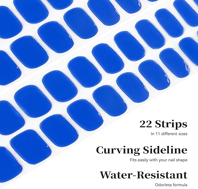 Semi Cured Gel Nail Strips Blue Solid Gel Nail Stickers with UV/LED Required Long Lasting Gel Nail Stickers Includes 22 Strips 2 Prep Pads, Nail File & Wooden Stick