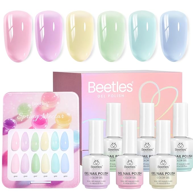 Beetles Spring Nectar Jelly Gel Nail Polish Set - 6 Colors 15ML Pastel Gel Polish Kit Pink Purple Blue Mint Green Yellow Sheer Translucent Effect Soak Off UV Nail Art Manicure Gift for Women