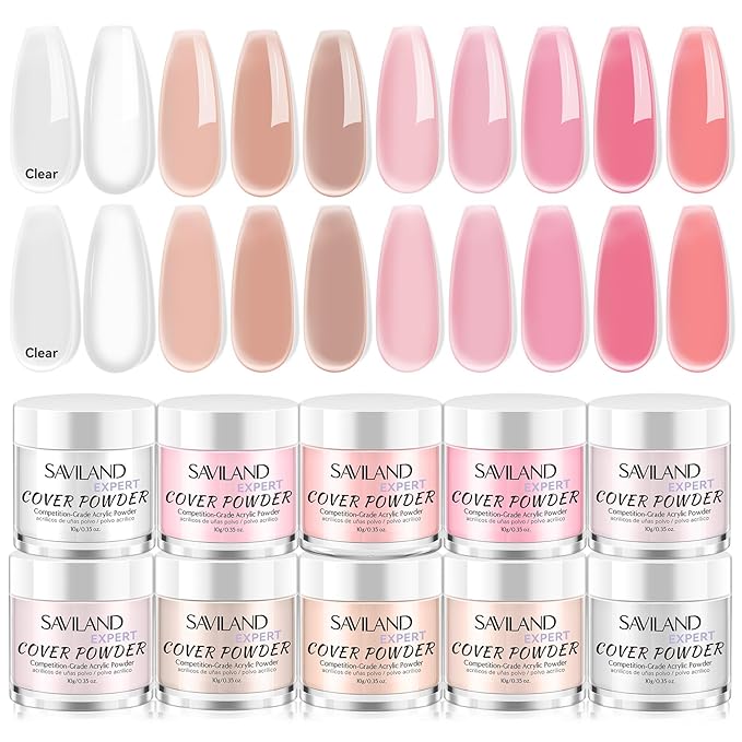 Saviland Acrylic Powder Set: Keratin Professional Acrylic Nail Powder Clear/Nudes/Pink Acrylic Ultra Fine Powder for Nail Extension 3D Nail Art Quick Dry Salon Quality Acrylic Nails 10G * 10