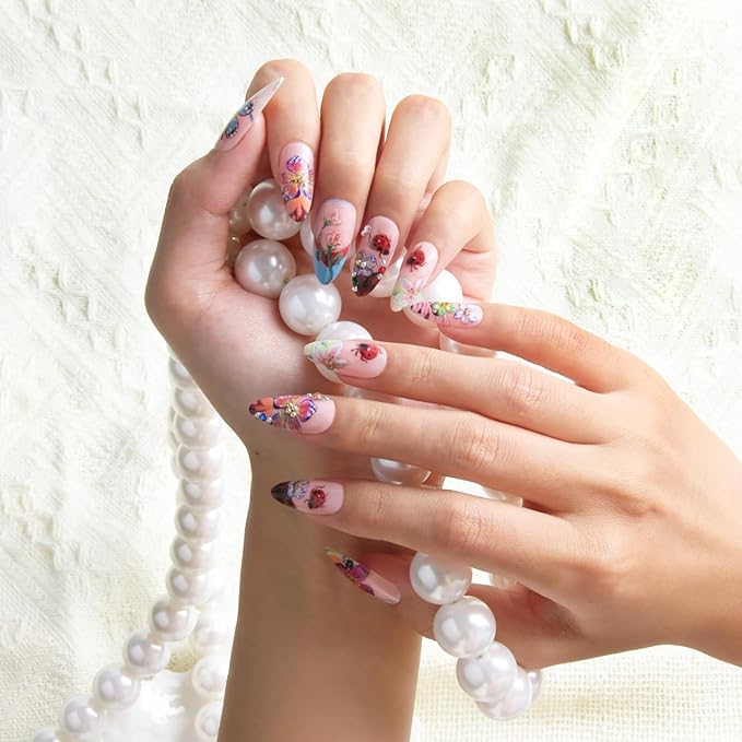 Colorful Shining Flowers and Butterfly 24pcs Medium Almond Nails, Colorful Full Cover Artificial Stick on Nails Kit