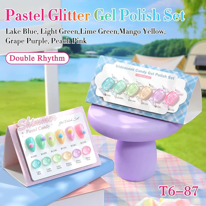 Double Rhythm 6 Pcs 15 ML Glitter Gel Polish Set Same Color Same Bottle Soak Off Gel Polish Kit Nail Art Manicure Salon DIY at Home (Shimmer Pink Green Blue Purple Orange Yellow-T6-87)