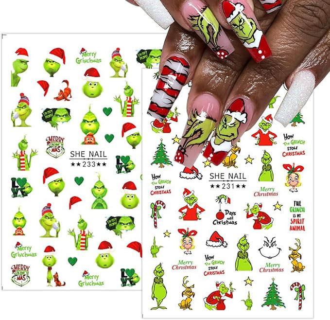 Christmas Nail Art Stickers Funny Cartoon Green Monster Design 3D Self-Adhesive Nail Decals Xmas Tree Santa Claus Acrylic Nail Decor Winter Nail DIY Manicure Accessories for Women