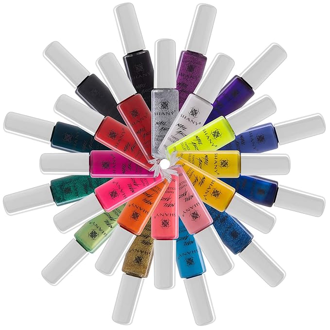 SHANY Nail Art Set Nail Polish - Glitter, Metallic, Pearls, Neon and Matte Nail Polish Nail Art Drawing Decoration Set With Built-in Thin Nail Art Brush - 24 Famous Colors Nail Polish Bulk