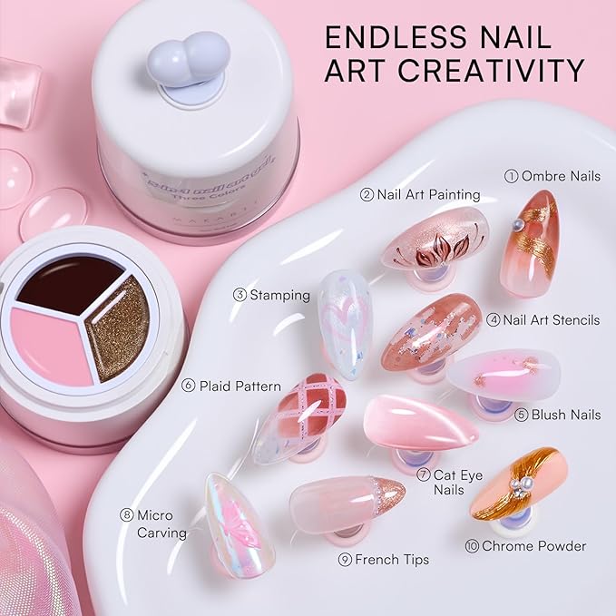 Makartt 5-in-1 Nail Art Gel: ColorPot 3 Colors Gel Nail Polish No Wipe with Nail Stamp for Stamping, French Tips, Ombre Patting, Painting & Sculpting with Silicone Head for DIY Home Salon Use