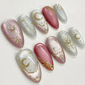 30Pcs Almond Press on Nails Medium French Tip Fake Nails with Moon Star Rhinestone Design Bohemian Artificial Acrylic Nails Full Cover Glitter Pink False Nails 3D Gold Chrome Glue on Nails for Women