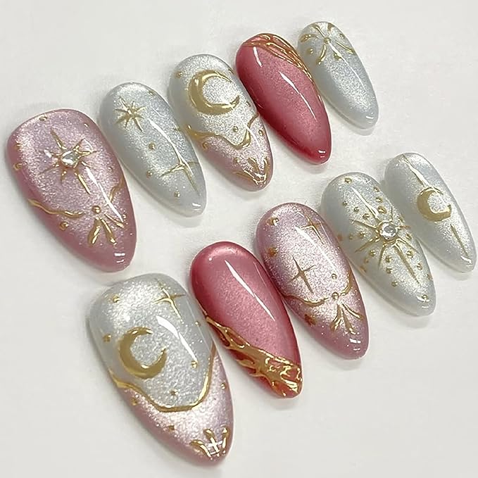 30Pcs Almond Press on Nails Medium French Tip Fake Nails with Moon Star Rhinestone Design Bohemian Artificial Acrylic Nails Full Cover Glitter Pink False Nails 3D Gold Chrome Glue on Nails for Women