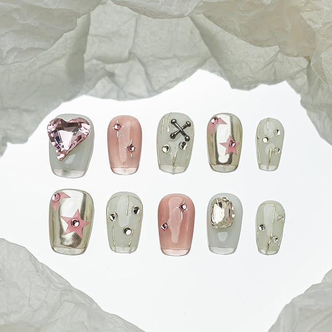 Sun&Beam Nails Handmade Press-on Short Coffin Ballerina Pink White Silver Rhinestone Heart 3D Design Fashion False Nail Tips 10 Pcs Set (#203 S)