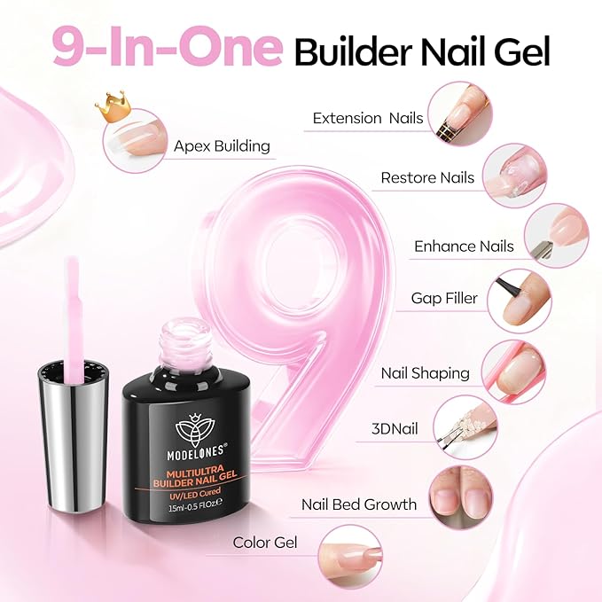 modelones Builder Nail Gel, Baby Pink Builder for Nails No Top Coat Needed, C-Curve Sculpting, Glossy Jelly Finish Light Pastel Pink, No-Wipe, 9-in-One LED Lamp Cured Color Rubber Base Gel Polish