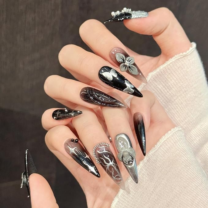 Handmade Press on Nails Stiletto Hand Painted Butterflies and Stars on a Dark Silver Skull and Diamond Jewelry Piece Handmade Stiletto Press on Nails 3D Luxury Press on Nails（S）