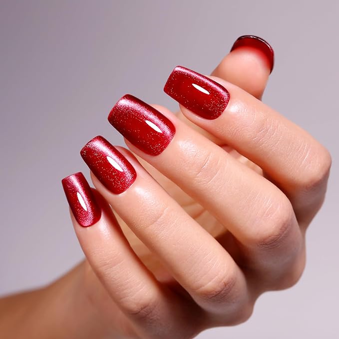 Imtiti Cat Eye Gel Nail Polish, 15ml Blood Red Crystal Glitter Cat Eye Magnetic Gel Nail Polish With Magnet, Holographic Galaxy Sparkly Soak Off UV Led Manicure Nail Salon Kit
