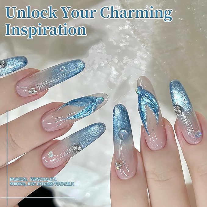 Born Pretty Blue Cat Magnetic Eye Gel Nail Polish Set,6 Colors Spring Summer Blue Shimmer Glitter Crystal Glass Magnetic Gel Polish Soak Off U V Nail Gels DIY Art for Women 7ML