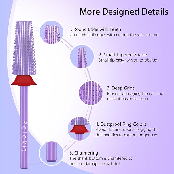 5 in 1 Nail Drill Bit, 3/32'' Professional Carbide Tungsten Drill Bit Nail Tech, Two Way Rotate Cuticle Gel Remover Drill Bit for Manicure Pedicure Acrylic Nail Poshling(Purple, Fine-F)