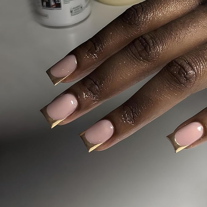 Gold Press on Nails Medium Gold French Tip Fake Nails Square Shape False Nail Tips Nude Pink Full Cover Glue on Nails Medium Length Stick on Nails Glossy French Tip Nails Press ons for Women 24 Pcs