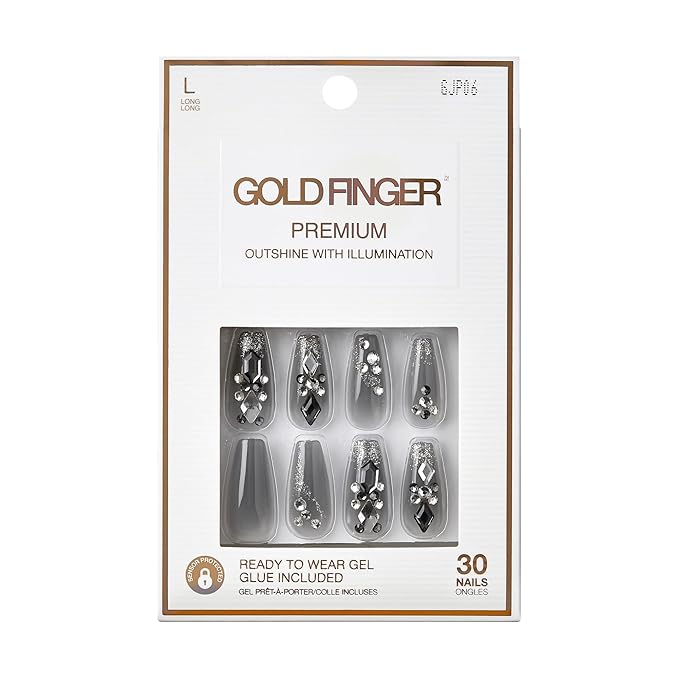 GoldFinger Premium Luxury False Nails Kit, Ready to Wear Fake Nails, Manicure Stick and Glue Included, Long Coffin Shape with 3D Rhinestones, Long-Lasting Hottest Trend Glue on Nails