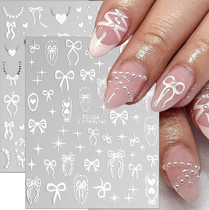 8 Sheets Cute Bow Heart Nail Art Stickers 3D Self-Adhesive Valentines Nail Stickers Laser Red White Heart Bows Nail Decals French Tip Nails Supplies for Women DIY Acrylic Nails Decorations