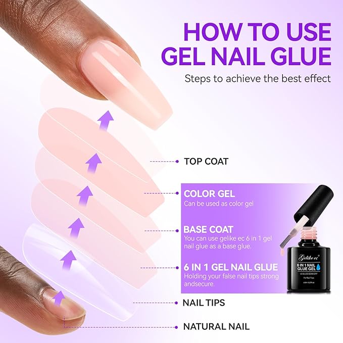 Gelike EC Gel Nail Glue UV Light: Nude 6 in 1 Adhesive Gel Nail Polish, Strong Nail Glue for Press On Nails Nails Acrylic Tips, Long Last - Nail Art Gift for Home Salon Beginner DIY