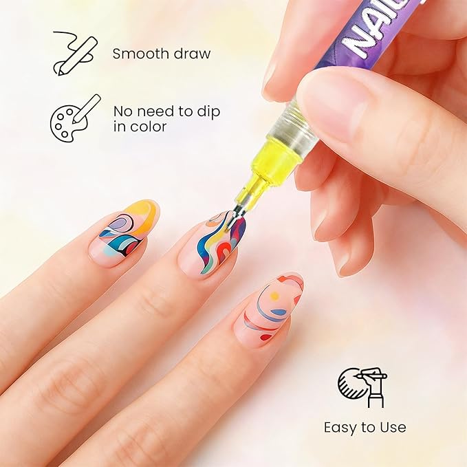 12-Color Nail Art Pens & Nail Art Markers Set – Fine Tip Nail Polish Pens for Painting Nails, Quick-Dry Waterproof Nail Pens for Nail Art on Gel, Acrylic & Natural Nails