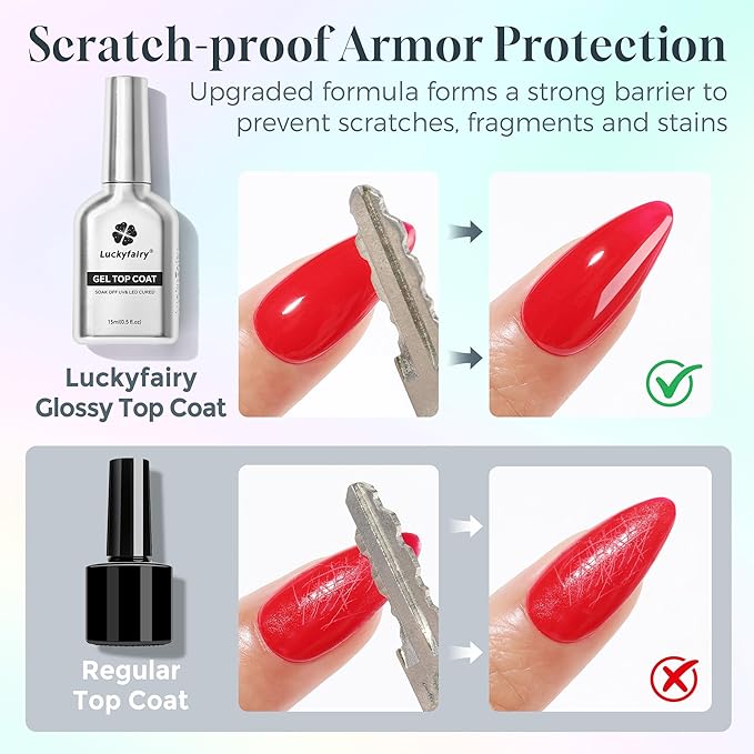 No Wipe Gel Top Coat and Base Coat Set: 2Pcs 15ml Rubber Base, Super Shiny Long Lasting Top Coat Gel Nail Polish, Acid-free Nail Strengthener Soak Off Lamp Needed, Nail Art Design Gift