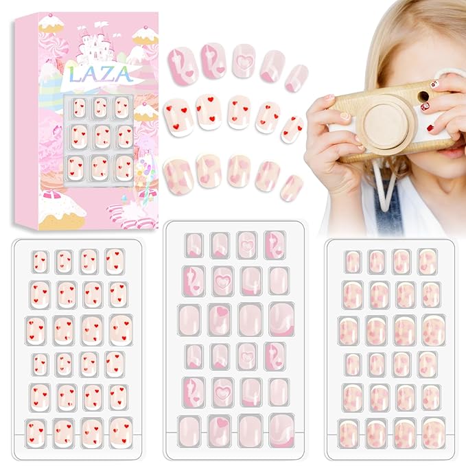 Laza 72pcs Children Nails Press On Pre-glue Full Cover Red Pink Heart Flower Short False Nail Kits for Kids Teenager Girls - French Love